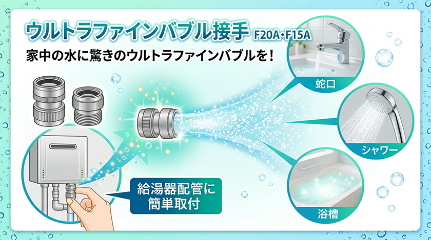 家中の蛇口、シャワー、浴槽にウルトラファインバブルの細かい泡を発生させる